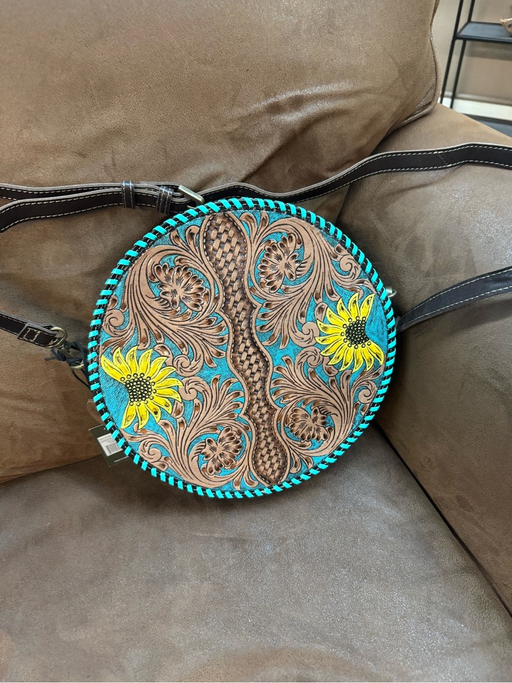 Hand-Tooled Sunflower Round Crossbody Bag in Turquoise and Brown